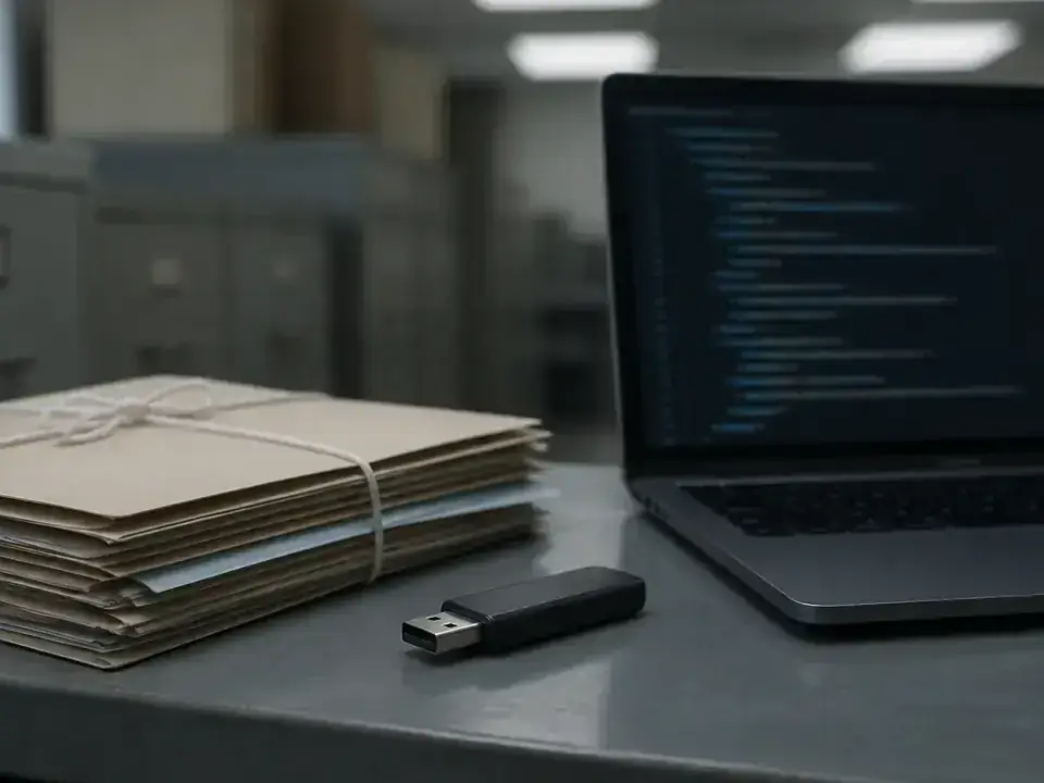 Fișier XML D406 SAF-T pe laptop lângă registru contabil, depunere electronică către ANAF